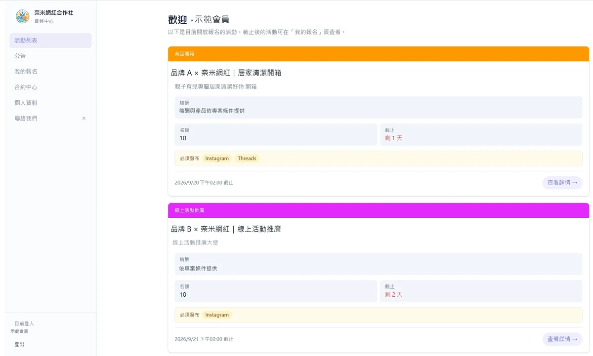 創作者會員中心介面示意，部分資料已替換為展示用資料